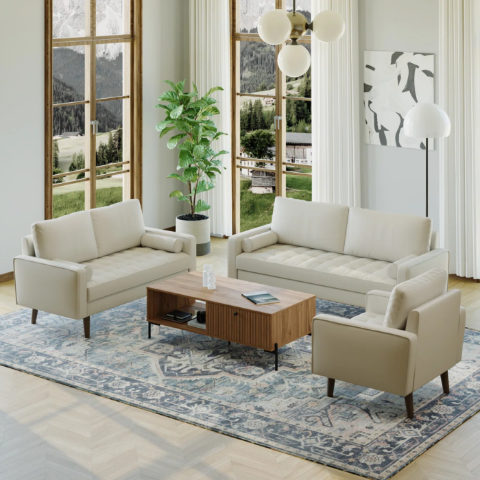 Statura 3-Piece Mid-Century Faux Leather Square Arm Sofa Living Room Set