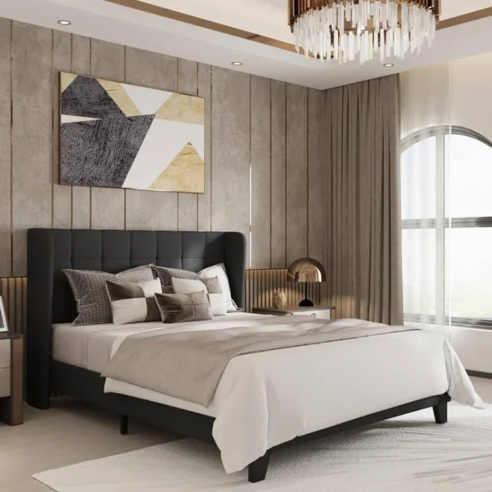 HITHOS Solid Wood Modern Upholstered Queen Size Bed