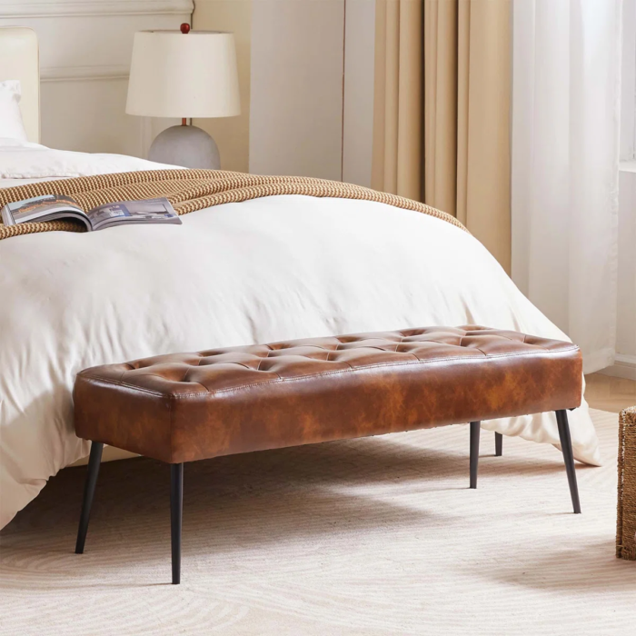 Faux Leather Upholstered Bench with Metal Legs