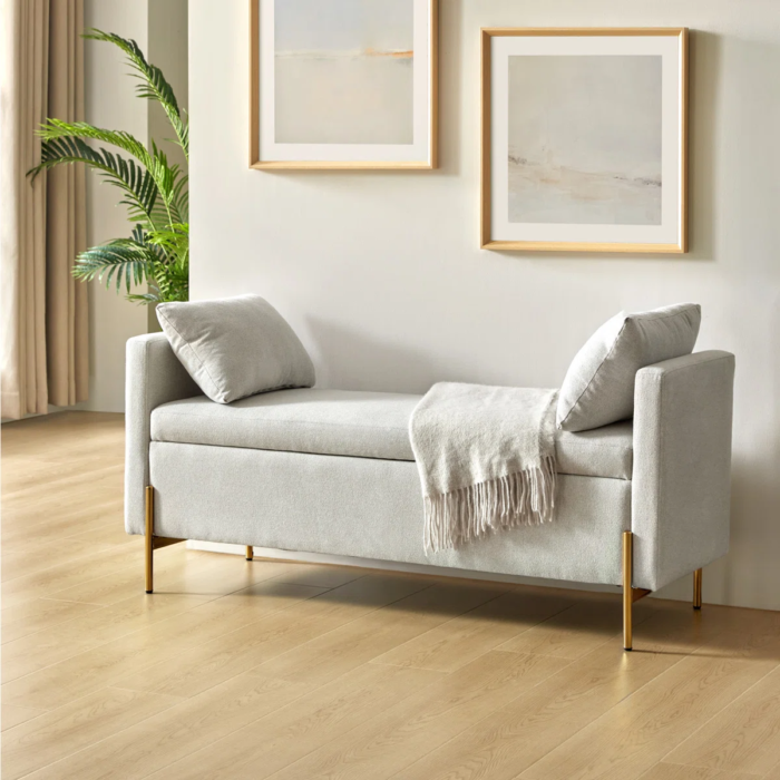 Louvenia 127cm Upholstered Flip Top Bench With Subdivided Storage and Toss Pillows