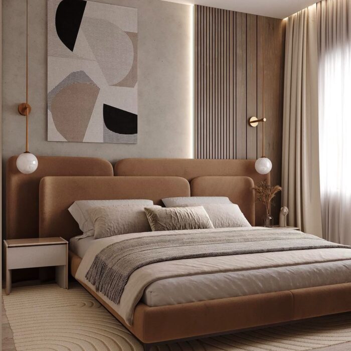 Upholstered platform bed with an integrated multi-panel headboard