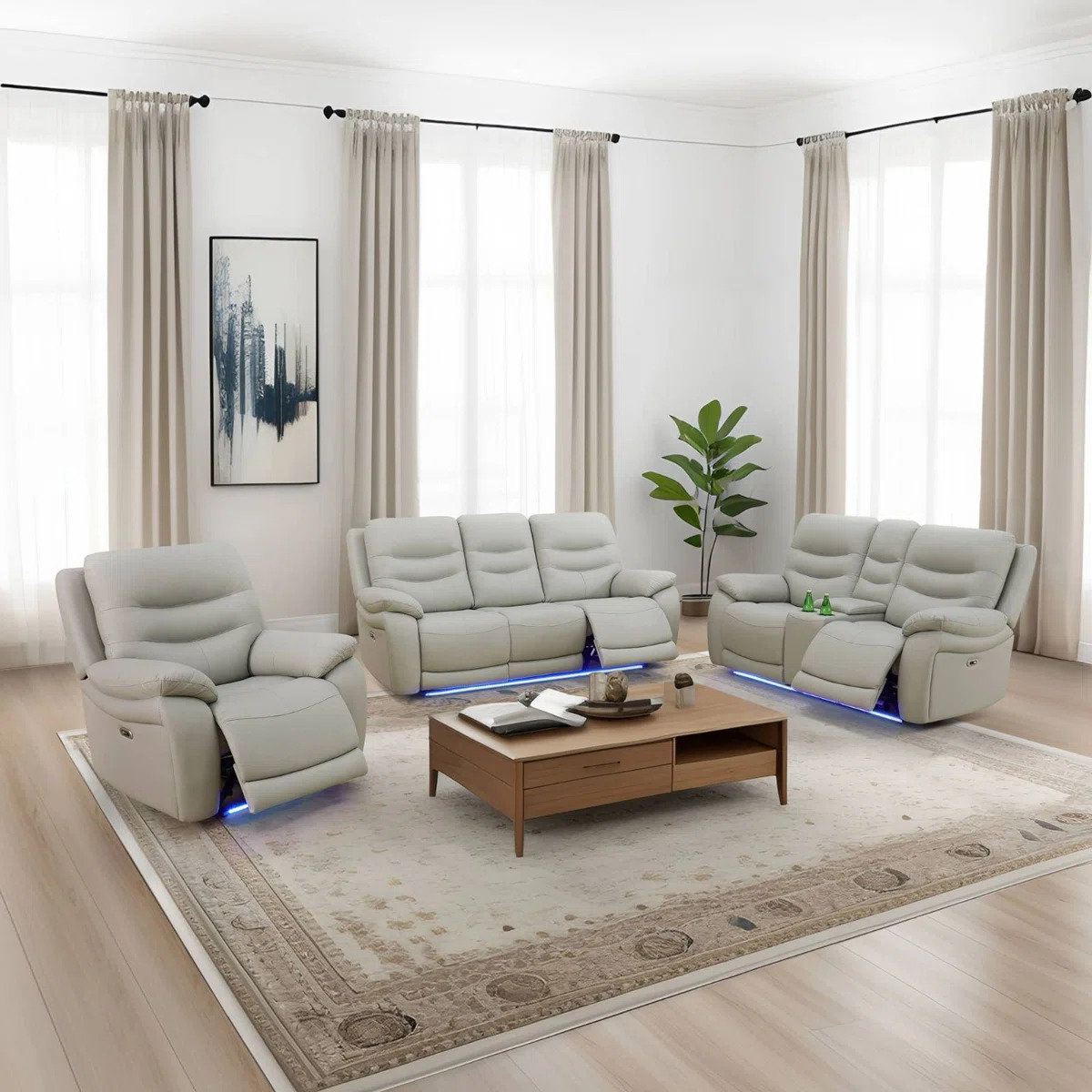 Gray Breathable Leather And 3-Piece Living Room Recliner Sofa Set - Image 2