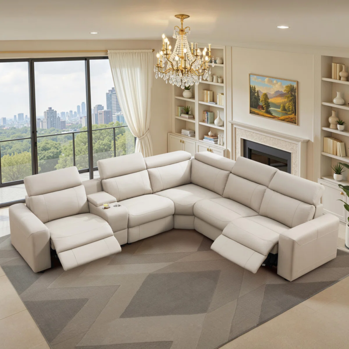 Oversized Power Reclining Leather Sectional Sofa With Console And Dual Recliners For Living Room Beige