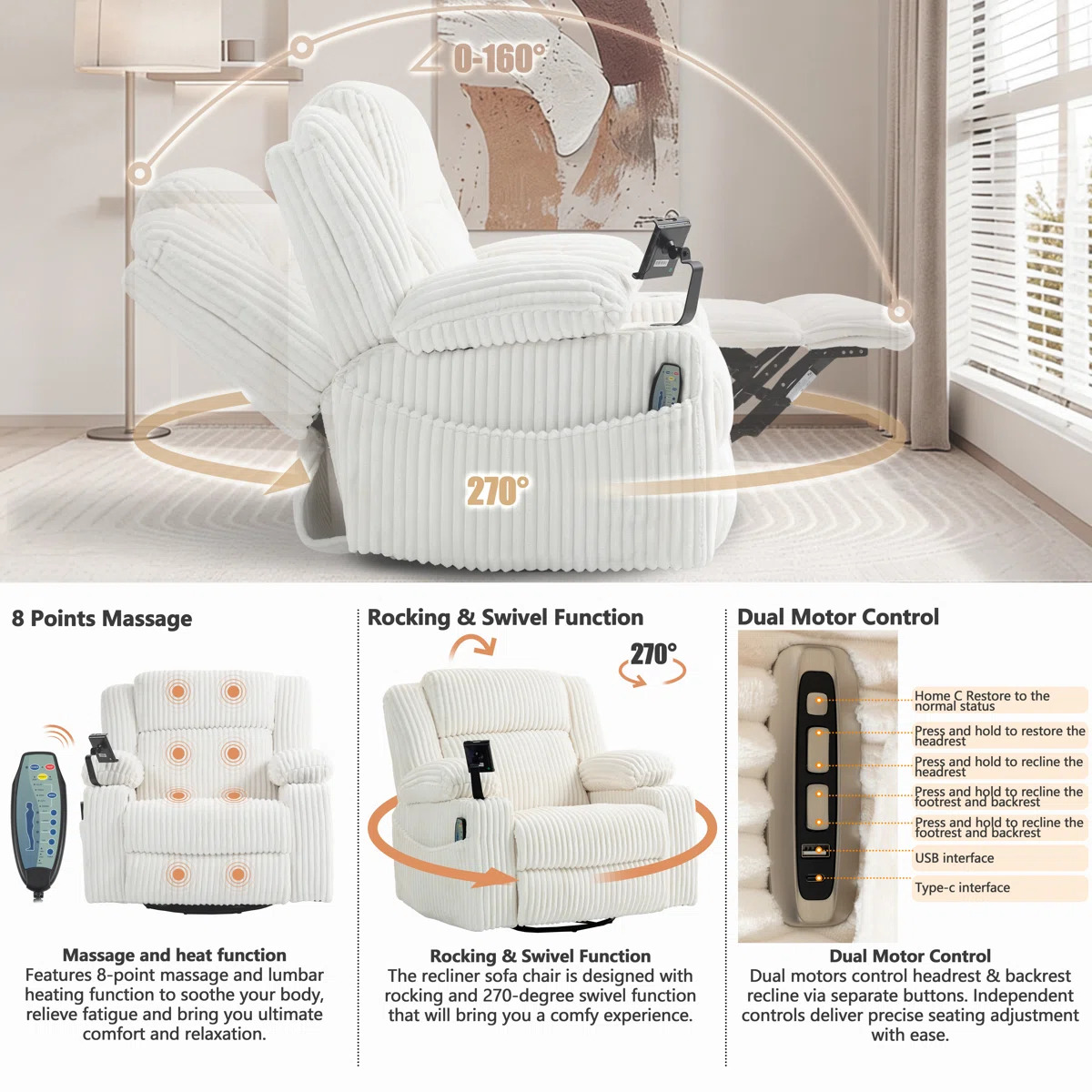 39.3'' Wide Oversized Power Swivel Recliner Chair with Heat and Massage - Image 7