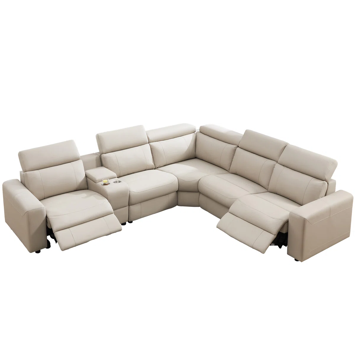Oversized Power Reclining Leather Sectional Sofa With Console And Dual Recliners For Living Room Beige - Image 8