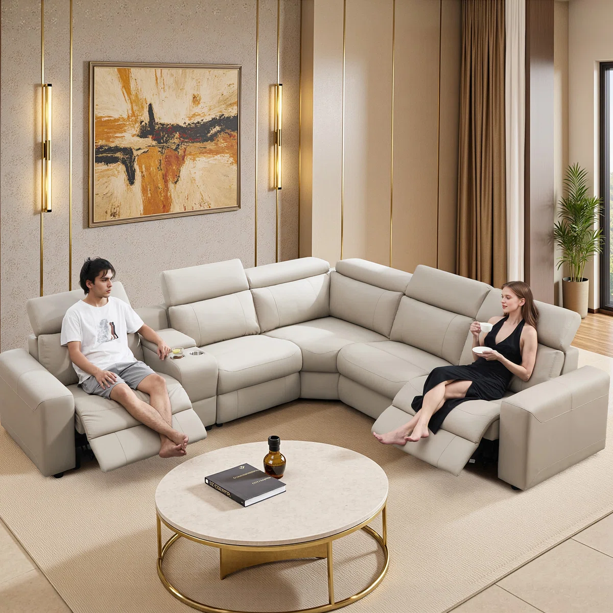 Oversized Power Reclining Leather Sectional Sofa With Console And Dual Recliners For Living Room Beige - Image 7