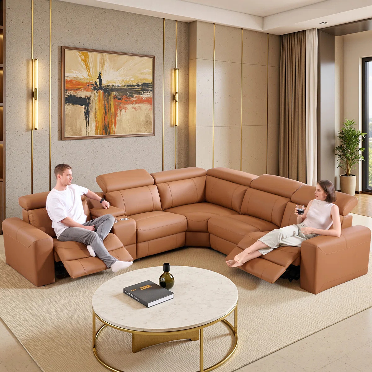 Oversized Power Reclining Leather Sectional Sofa With Console And Dual Recliners For Living Room Brown - Image 7