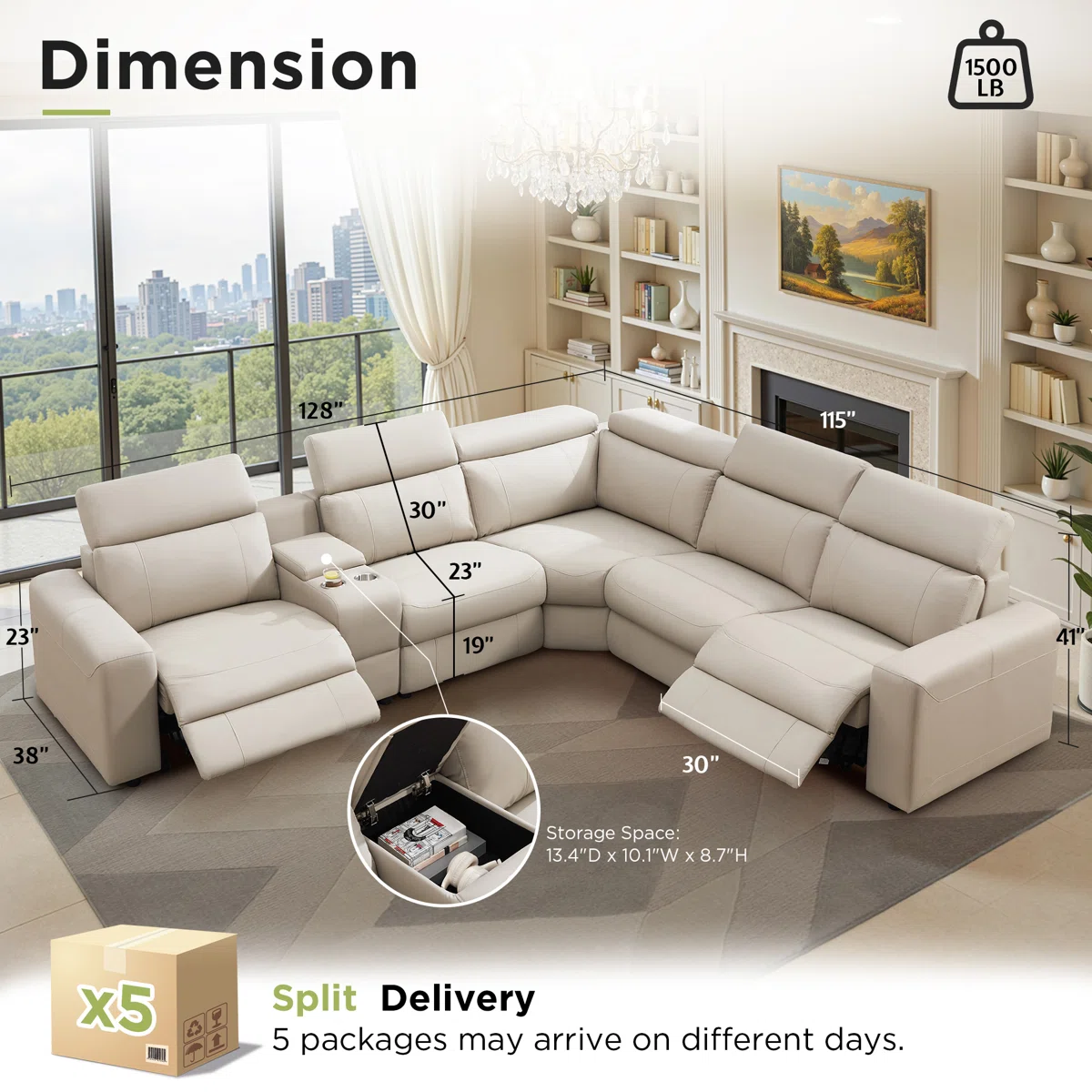 Oversized Power Reclining Leather Sectional Sofa With Console And Dual Recliners For Living Room Beige - Image 6