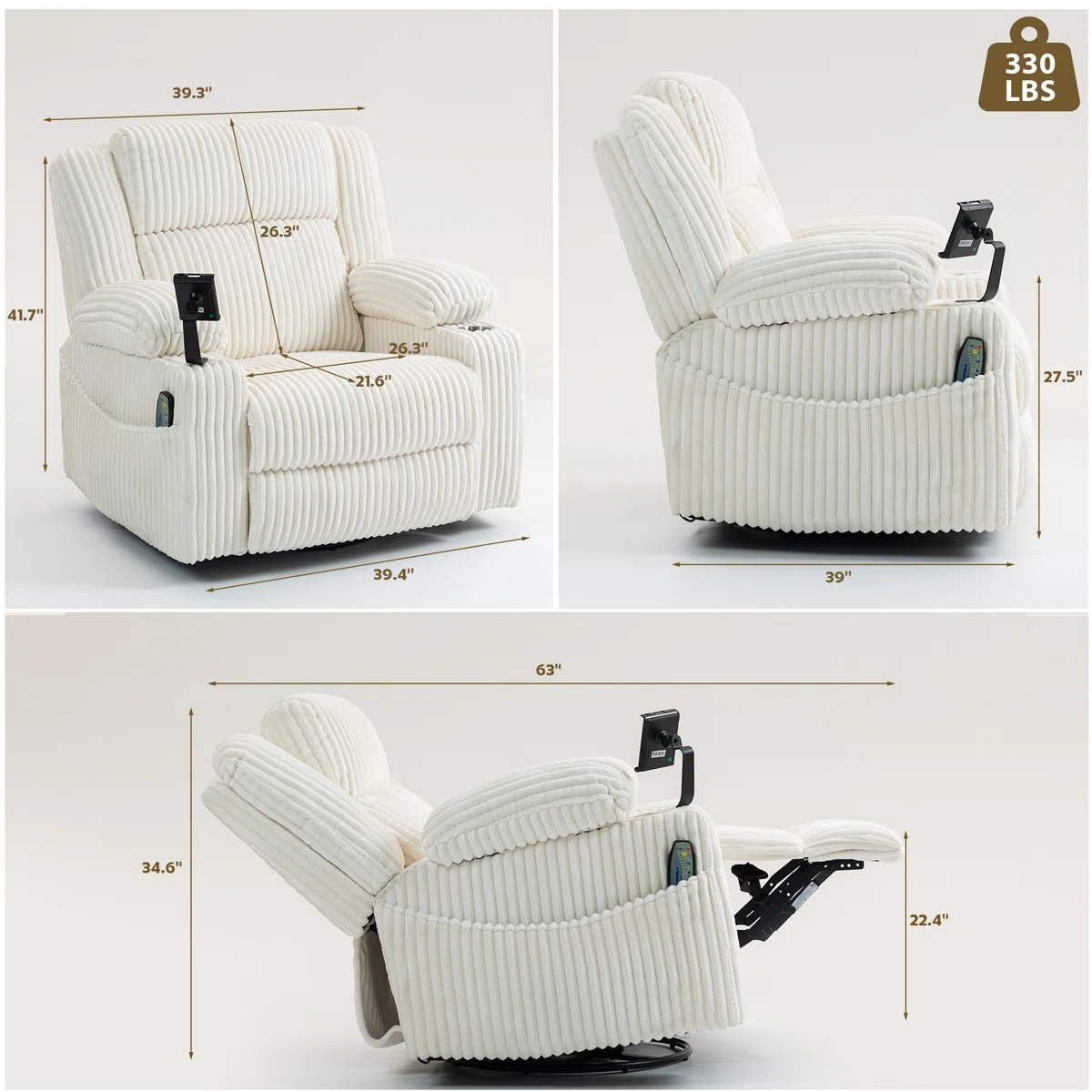39.3'' Wide Oversized Power Swivel Recliner Chair with Heat and Massage - Image 4