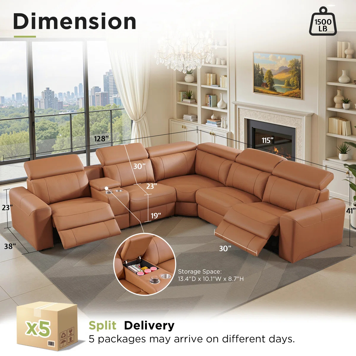 Oversized Power Reclining Leather Sectional Sofa With Console And Dual Recliners For Living Room Brown - Image 6
