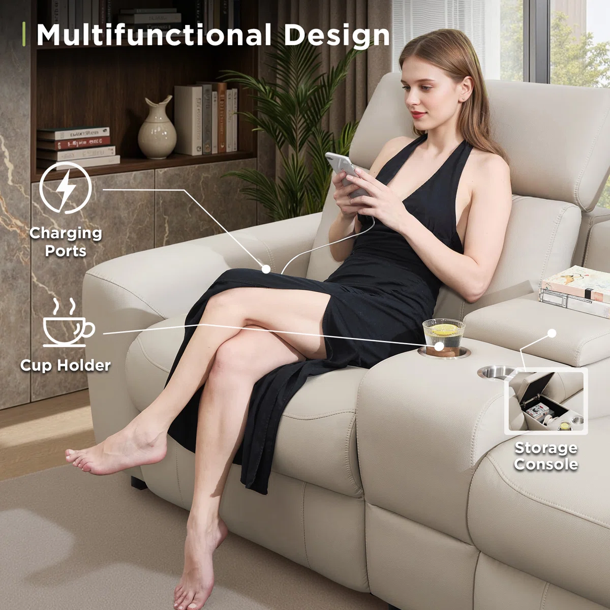 Oversized Power Reclining Leather Sectional Sofa With Console And Dual Recliners For Living Room Beige - Image 3