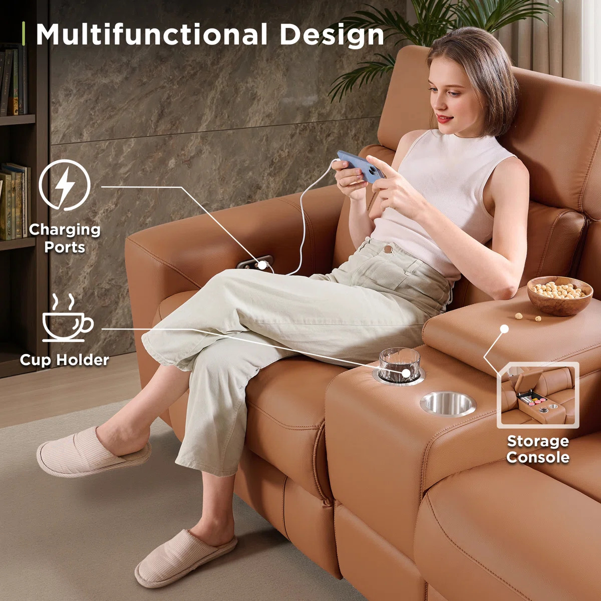 Oversized Power Reclining Leather Sectional Sofa With Console And Dual Recliners For Living Room Brown - Image 3