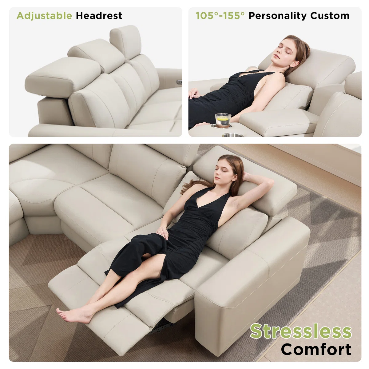 Oversized Power Reclining Leather Sectional Sofa With Console And Dual Recliners For Living Room Beige - Image 2