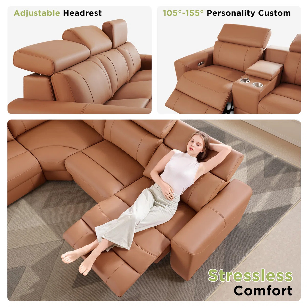 Oversized Power Reclining Leather Sectional Sofa With Console And Dual Recliners For Living Room Brown - Image 2
