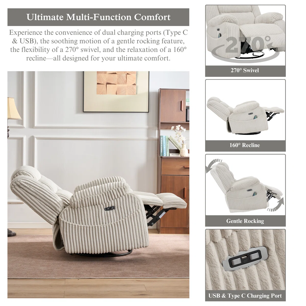 Extra Wide Rocker Power Recliner Chair 270° Swivel With Heat Massage - Usb & Type C Charging Port - Velvet Swivel Reclining Chair For Living Room Bedroom Office - Image 6