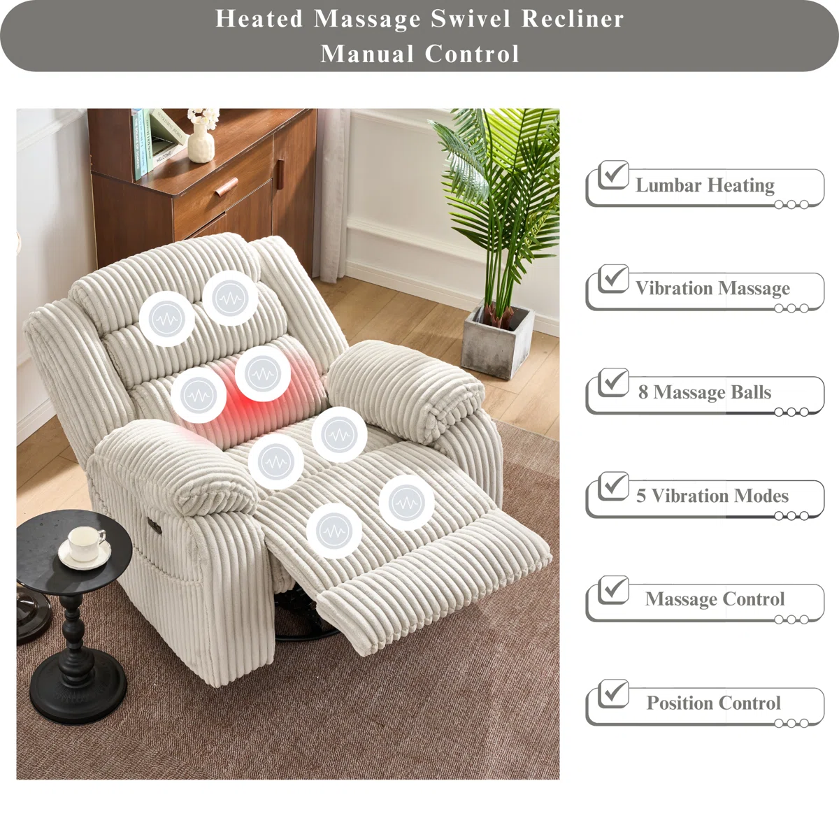 Extra Wide Rocker Power Recliner Chair 270° Swivel With Heat Massage - Usb & Type C Charging Port - Velvet Swivel Reclining Chair For Living Room Bedroom Office - Image 5