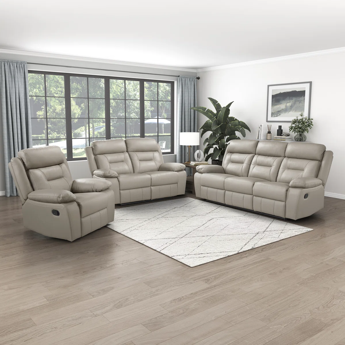 Huskins Modern & Contemporary Manual Reclining 3-Piece Living Room Set with 100% Top Grain Leather Seating Surfaces, Effortless Tab Pull Motion & Foam over Pocket Coils Comfort