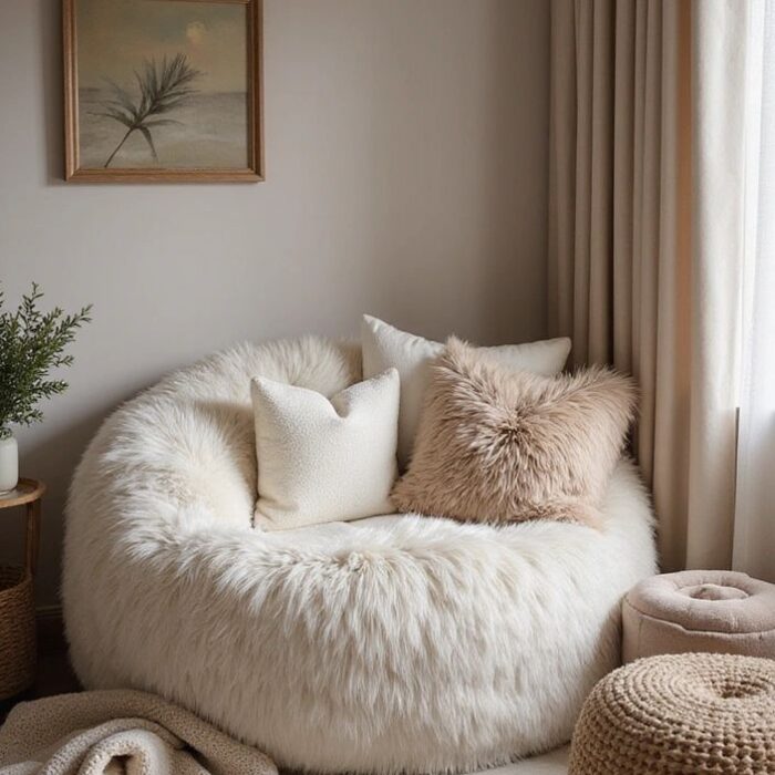 Cream-Colored Furry Bean Bag Chair