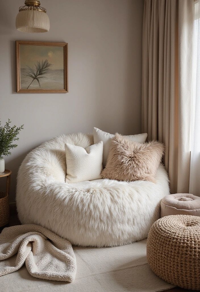 Cream-Colored Furry Bean Bag Chair