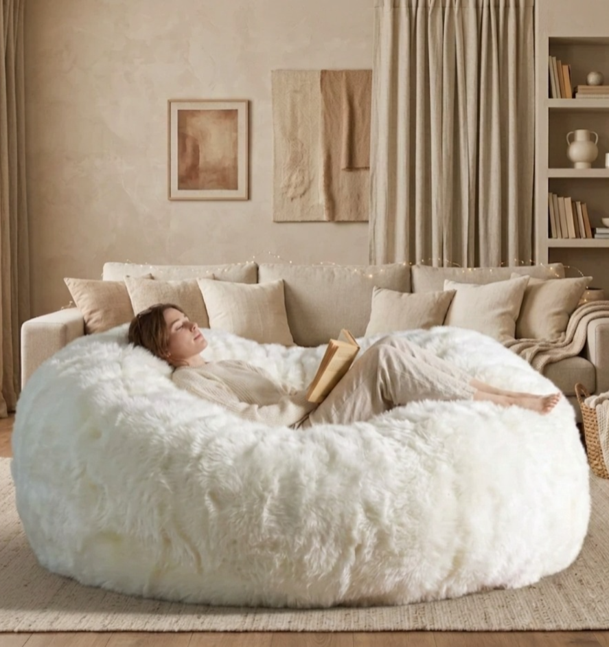 Cream-Colored Furry Bean Bag Chair - Image 3